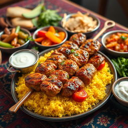 A vibrant and mouthwatering spread of traditional Iranian food, featuring a beautifully grilled kebab served on a bed of saffron rice with garnishes of grilled tomatoes and bell peppers