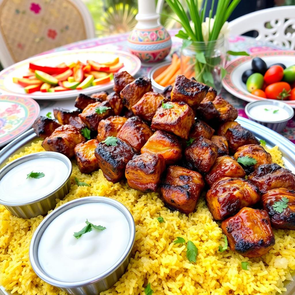 A vibrant display of delicious Iranian kebabs served on a beautifully arranged platter, featuring juicy skewers of marinated meat with golden, grilled pieces, accompanied by aromatic saffron rice garnished with fresh herbs