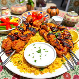A vibrant display of delicious Iranian kebabs served on a beautifully arranged platter, featuring juicy skewers of marinated meat with golden, grilled pieces, accompanied by aromatic saffron rice garnished with fresh herbs