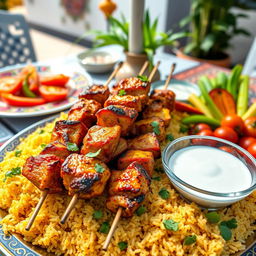 A vibrant display of delicious Iranian kebabs served on a beautifully arranged platter, featuring juicy skewers of marinated meat with golden, grilled pieces, accompanied by aromatic saffron rice garnished with fresh herbs