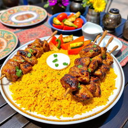 A vibrant display of delicious Iranian kebabs served on a beautifully arranged platter, featuring juicy skewers of marinated meat with golden, grilled pieces, accompanied by aromatic saffron rice garnished with fresh herbs