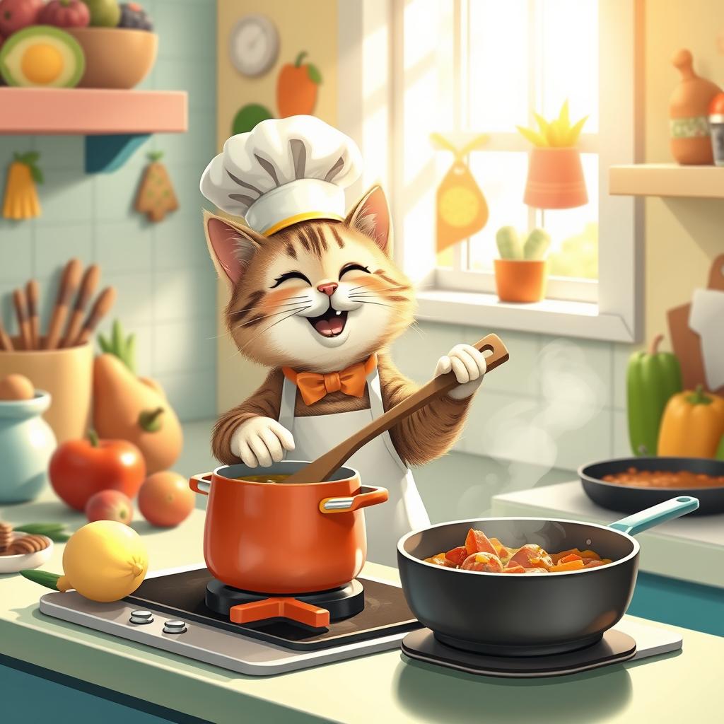 A whimsical scene featuring a cute, anthropomorphic cat dressed as a chef, joyfully cooking in a vibrant kitchen