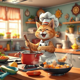 A whimsical scene featuring a cute, anthropomorphic cat dressed as a chef, joyfully cooking in a vibrant kitchen