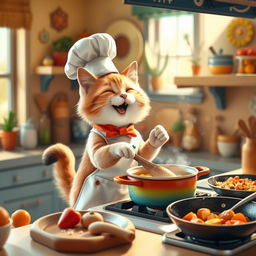 A whimsical scene featuring a cute, anthropomorphic cat dressed as a chef, joyfully cooking in a vibrant kitchen