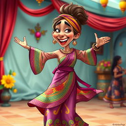 A comical depiction of a dancing Arabian woman, wearing vibrant traditional clothing that features intricate patterns and bright colors