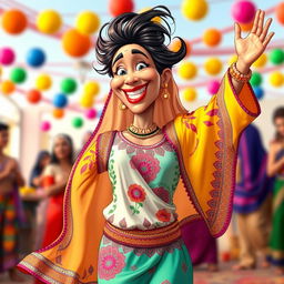 A comical depiction of a dancing Arabian woman, wearing vibrant traditional clothing that features intricate patterns and bright colors