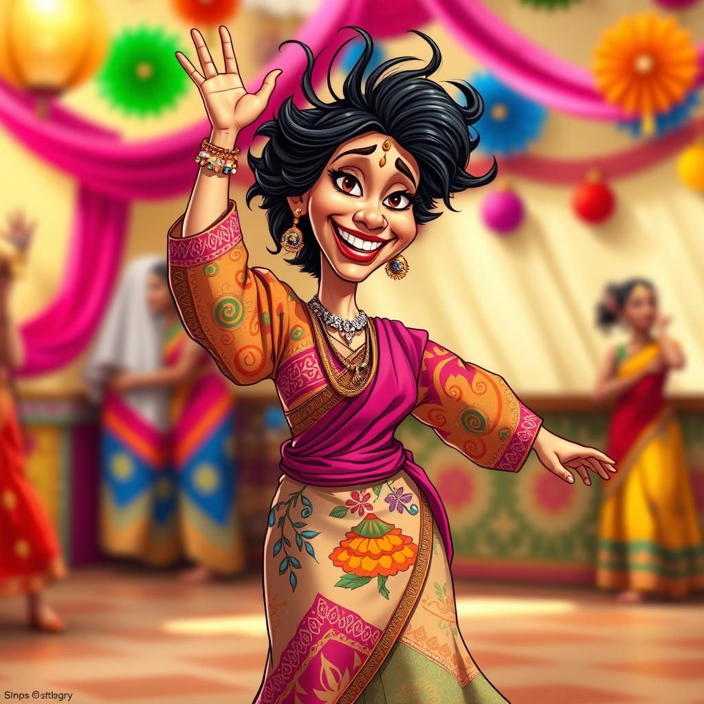 A comical depiction of a dancing Arabian woman, wearing vibrant traditional clothing that features intricate patterns and bright colors