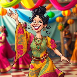 A comical depiction of a dancing Arabian woman, wearing vibrant traditional clothing that features intricate patterns and bright colors