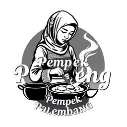 A logo design for a vintage brand featuring an Indonesian Muslim woman cooking pempek Palembang