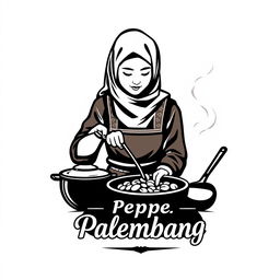 A logo design for a vintage brand featuring an Indonesian Muslim woman cooking pempek Palembang