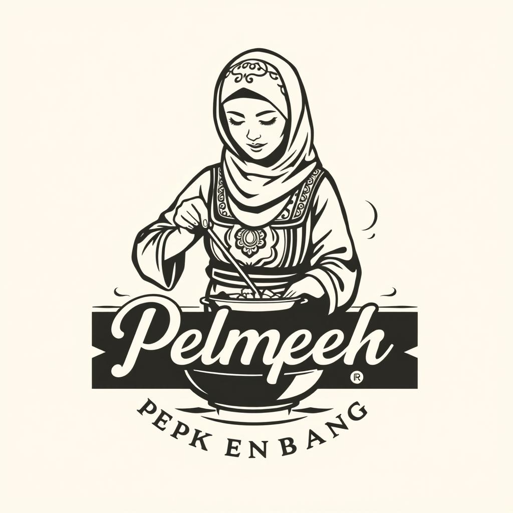 A logo design for a vintage brand featuring an Indonesian Muslim woman cooking pempek Palembang