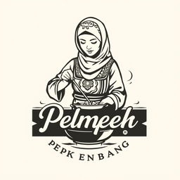 A logo design for a vintage brand featuring an Indonesian Muslim woman cooking pempek Palembang