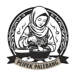 A logo design for a vintage brand featuring an Indonesian Muslim woman cooking pempek Palembang