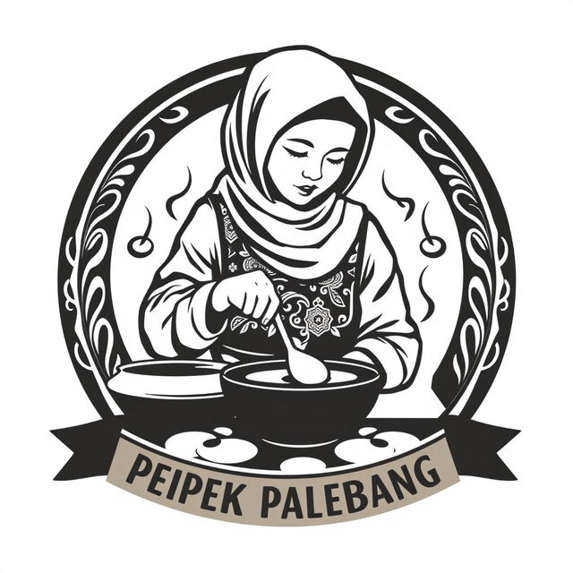 A logo design for a vintage brand featuring an Indonesian Muslim woman cooking pempek Palembang