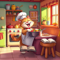 A whimsical scene featuring a cartoonish cat in a colorful kitchen, wearing a chef's hat and apron, joyfully cooking at a stove