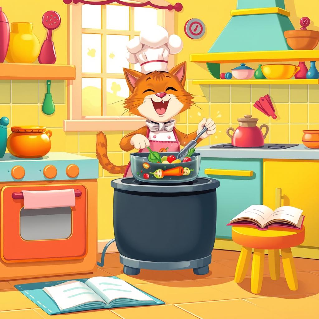 A whimsical scene featuring a cartoonish cat in a colorful kitchen, wearing a chef's hat and apron, joyfully cooking at a stove