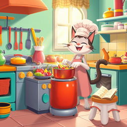 A whimsical scene featuring a cartoonish cat in a colorful kitchen, wearing a chef's hat and apron, joyfully cooking at a stove