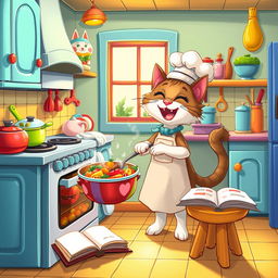 A whimsical scene featuring a cartoonish cat in a colorful kitchen, wearing a chef's hat and apron, joyfully cooking at a stove