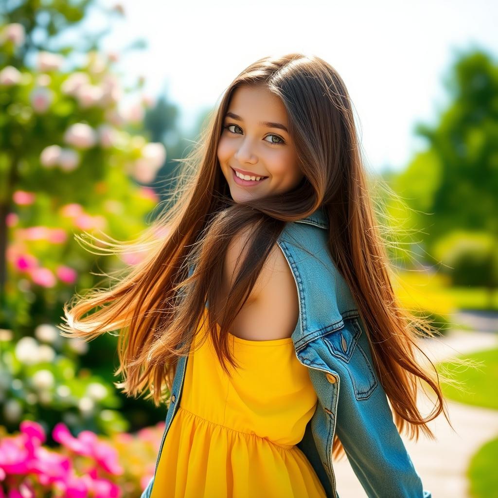 A teenage girl with long, flowing brunette hair, wearing a stylish denim jacket over a bright yellow sundress