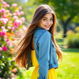 A teenage girl with long, flowing brunette hair, wearing a stylish denim jacket over a bright yellow sundress