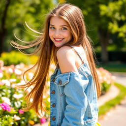A teenage girl with long, flowing brunette hair, wearing a stylish denim jacket over a bright yellow sundress