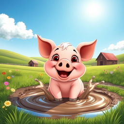 A cute, cartoon-style pig happily splashing around in a muddy puddle under a bright blue sky