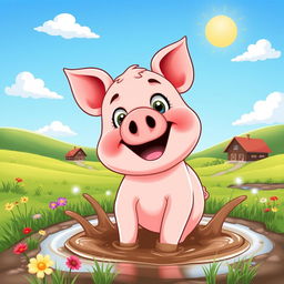 A cute, cartoon-style pig happily splashing around in a muddy puddle under a bright blue sky