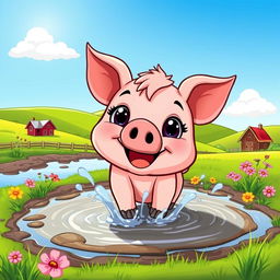 A cute, cartoon-style pig happily splashing around in a muddy puddle under a bright blue sky