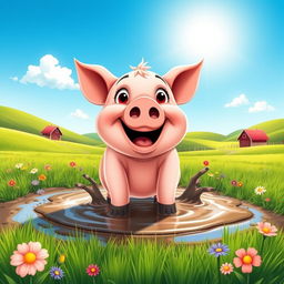 A cute, cartoon-style pig happily splashing around in a muddy puddle under a bright blue sky