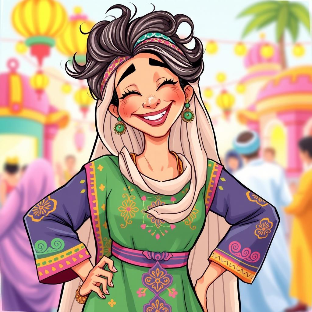 A whimsical illustration of a playful Arabian woman with a lighthearted, foolish expression