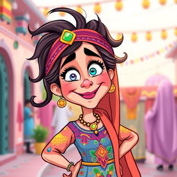 A whimsical illustration of a playful Arabian woman with a lighthearted, foolish expression