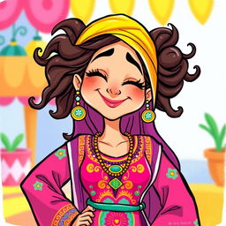 A whimsical illustration of a playful Arabian woman with a lighthearted, foolish expression