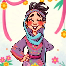 A whimsical illustration of a playful Arabian woman with a lighthearted, foolish expression
