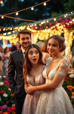 A whimsical yet emotionally charged scene depicting a surprise wedding where a young woman is visibly shocked as she learns about her marriage