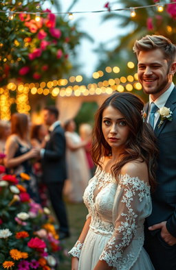 A whimsical yet emotionally charged scene depicting a surprise wedding where a young woman is visibly shocked as she learns about her marriage