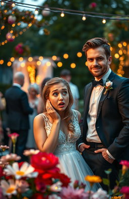A whimsical yet emotionally charged scene depicting a surprise wedding where a young woman is visibly shocked as she learns about her marriage