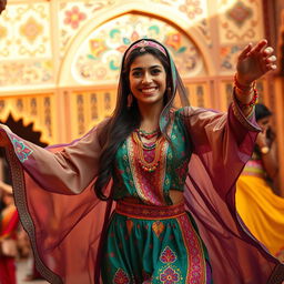 A vibrant scene featuring a foolish Arabian woman dancing joyfully, her colorful traditional attire flowing as she moves