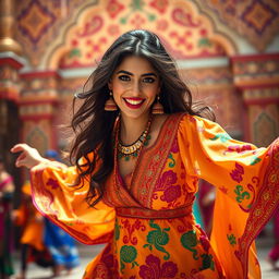 A vibrant scene featuring a foolish Arabian woman dancing joyfully, her colorful traditional attire flowing as she moves