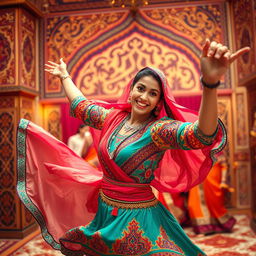 A vibrant scene featuring a foolish Arabian woman dancing joyfully, her colorful traditional attire flowing as she moves