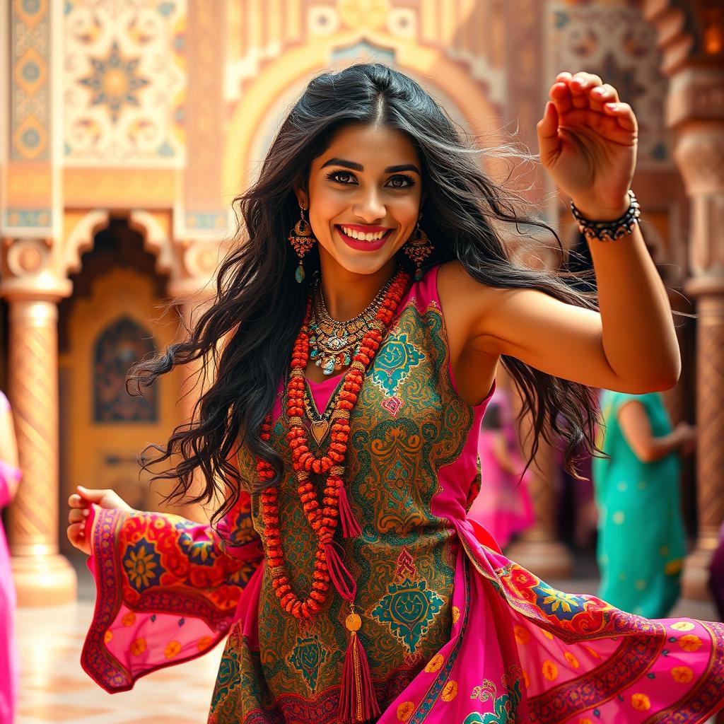 A vibrant scene featuring a foolish Arabian woman dancing joyfully, her colorful traditional attire flowing as she moves