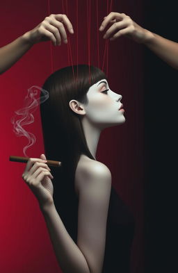 A striking side profile of a girl with white skin and straight brown hair, holding a cigar in her hand with smoke swirling out