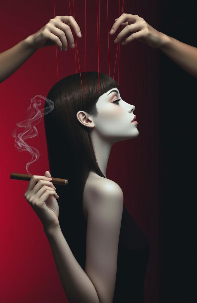 A striking side profile of a girl with white skin and straight brown hair, holding a cigar in her hand with smoke swirling out