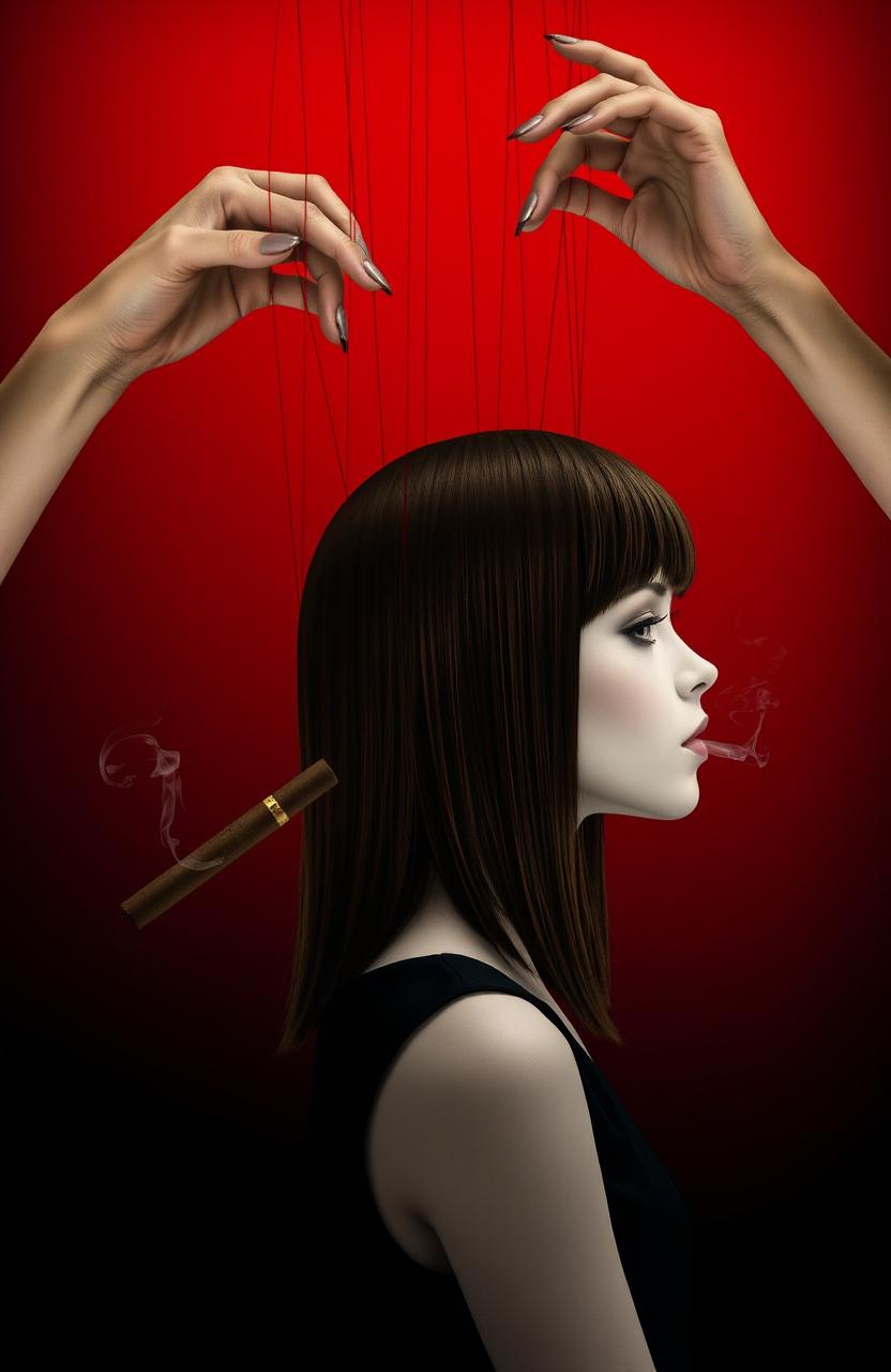 A striking side profile of a girl with white skin and straight brown hair, holding a cigar in her hand with smoke swirling out