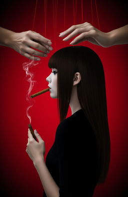 A striking side profile of a girl with white skin and straight brown hair, holding a cigar in her hand with smoke swirling out