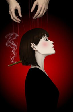 A striking side profile of a girl with white skin and straight brown hair, holding a cigar in her hand with smoke swirling out