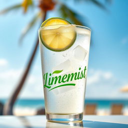 A refreshing lime soda called 'Limemist', depicted in a chilled glass filled with sparkling, effervescent lime soda