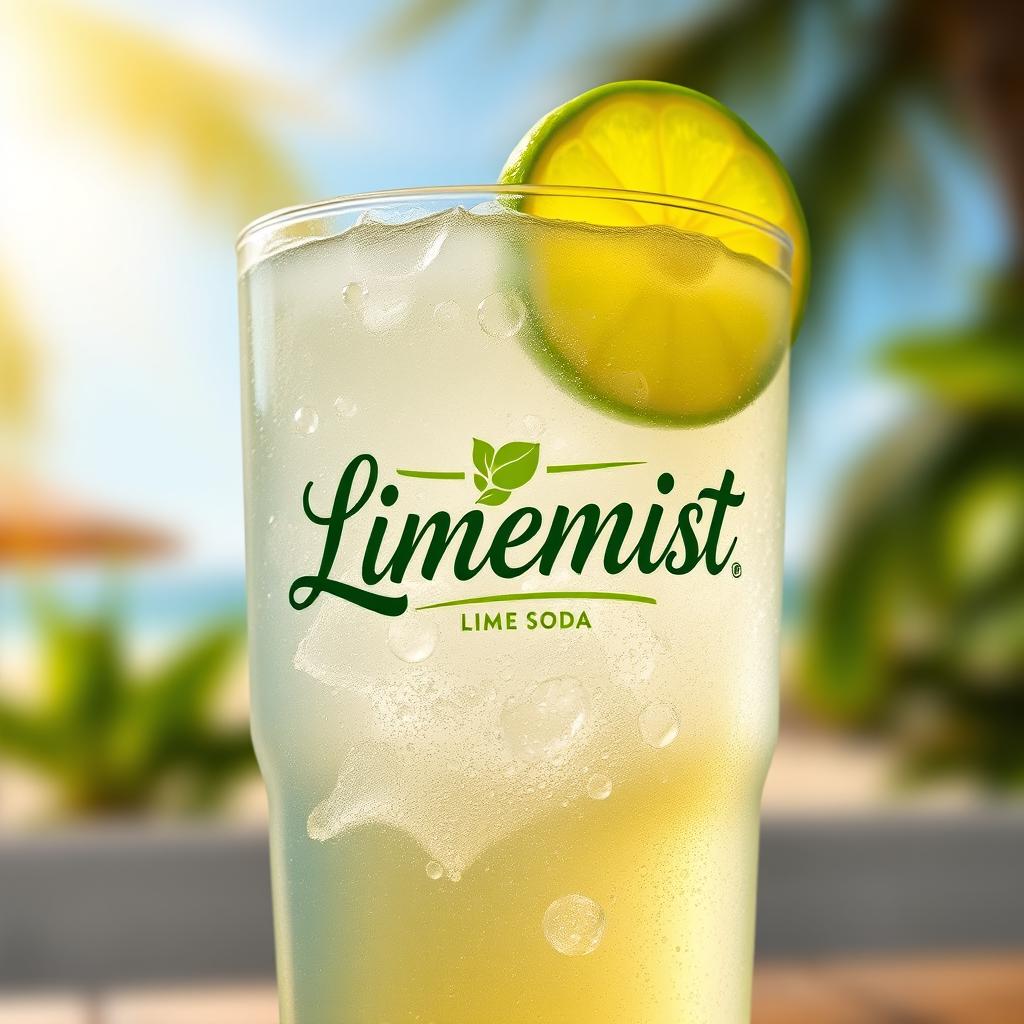 A refreshing lime soda called 'Limemist', depicted in a chilled glass filled with sparkling, effervescent lime soda