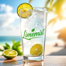 A refreshing lime soda called 'Limemist', depicted in a chilled glass filled with sparkling, effervescent lime soda