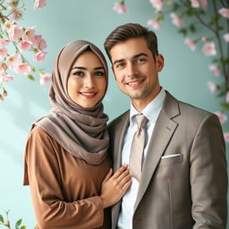 A striking portrait of a young Muslim woman wearing a beautiful hijab, standing next to a handsome man in a classic suit