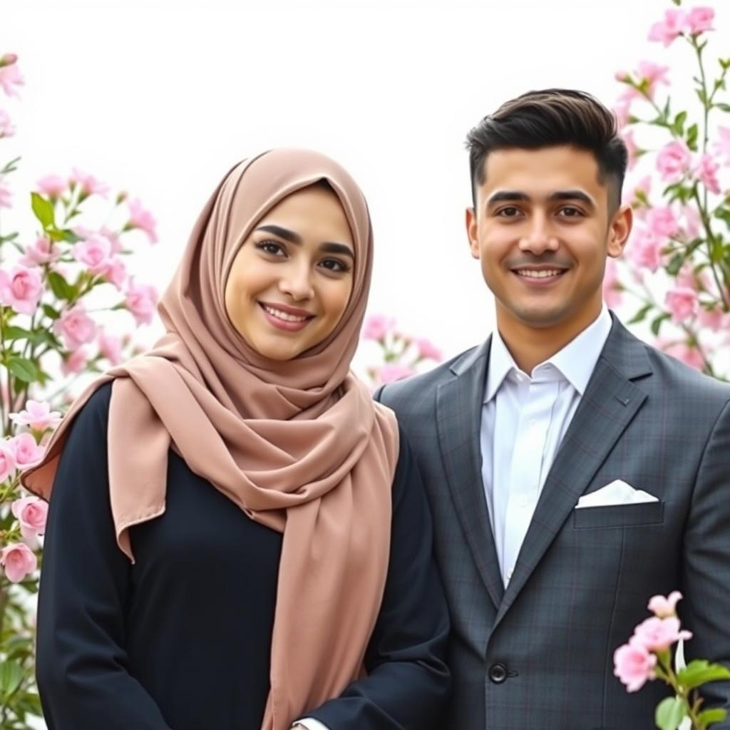 A striking portrait of a young Muslim woman wearing a beautiful hijab, standing next to a handsome man in a classic suit